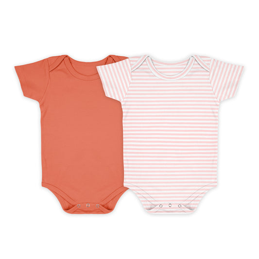 Baby Organic Cotton Onesie | Peach, Pink Strip | 6-12 Months | Pack of 2