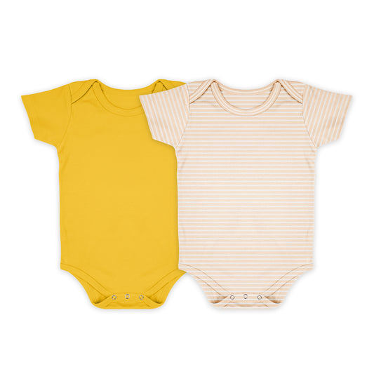 Baby Organic Cotton Onesie | Yellow, Brown Strip | 6-12 Months | Pack of 2