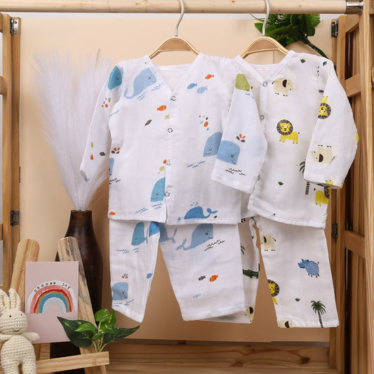 Baby Unisex Organic Cotton Muslin Full Sleeves Jhabla & Payjama | Blue Whale, Lion | Set of 2