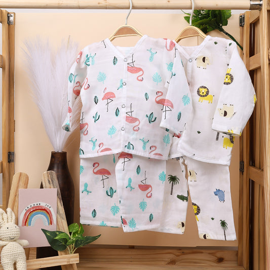 Baby Unisex Organic Cotton Muslin Full Sleeves Jhabla & Payjama | Lion, Flamingo | Set of 2
