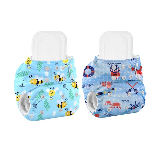 Baby Reusable Cotton Printed Pocket Diapers With Insert | 0-12 Months | Pack of 2