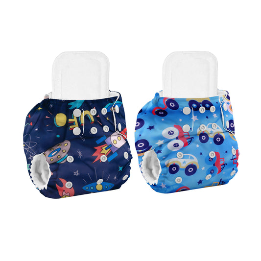 Baby Reusable Cotton Printed Pocket Diapers With Insert | 0-12 Months | Pack of 2