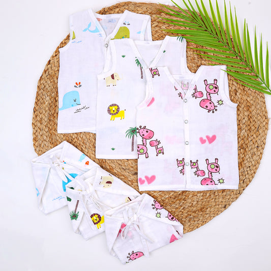 Baby Unisex Organic Cotton Muslin Jhabla and Nappy Set | Whale, Lion Jungle, Pink Giraffe | Pack of 3