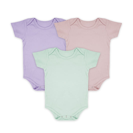 Baby Organic Cotton Onesie | Purple, Light Pink, Light Blue | 6-12 Months | Pack of 3