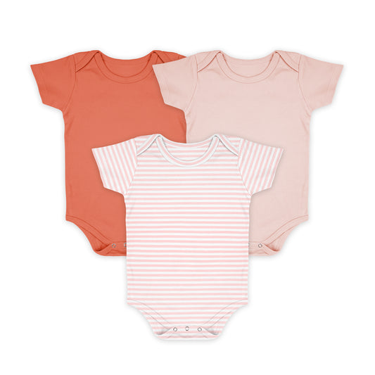 Baby Organic Cotton Onesie | Peach, Pink Strip, Light Pink | 6-12 Months | Pack of 3