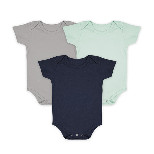 Baby Organic Cotton Onesie Navy, Grey, Light Blue | 6-12 Months | Pack of 3