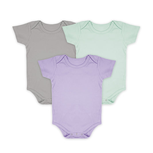 Baby Organic Cotton Onesie Purple, Grey, Light Blue | 6-12 Months | Pack of 3