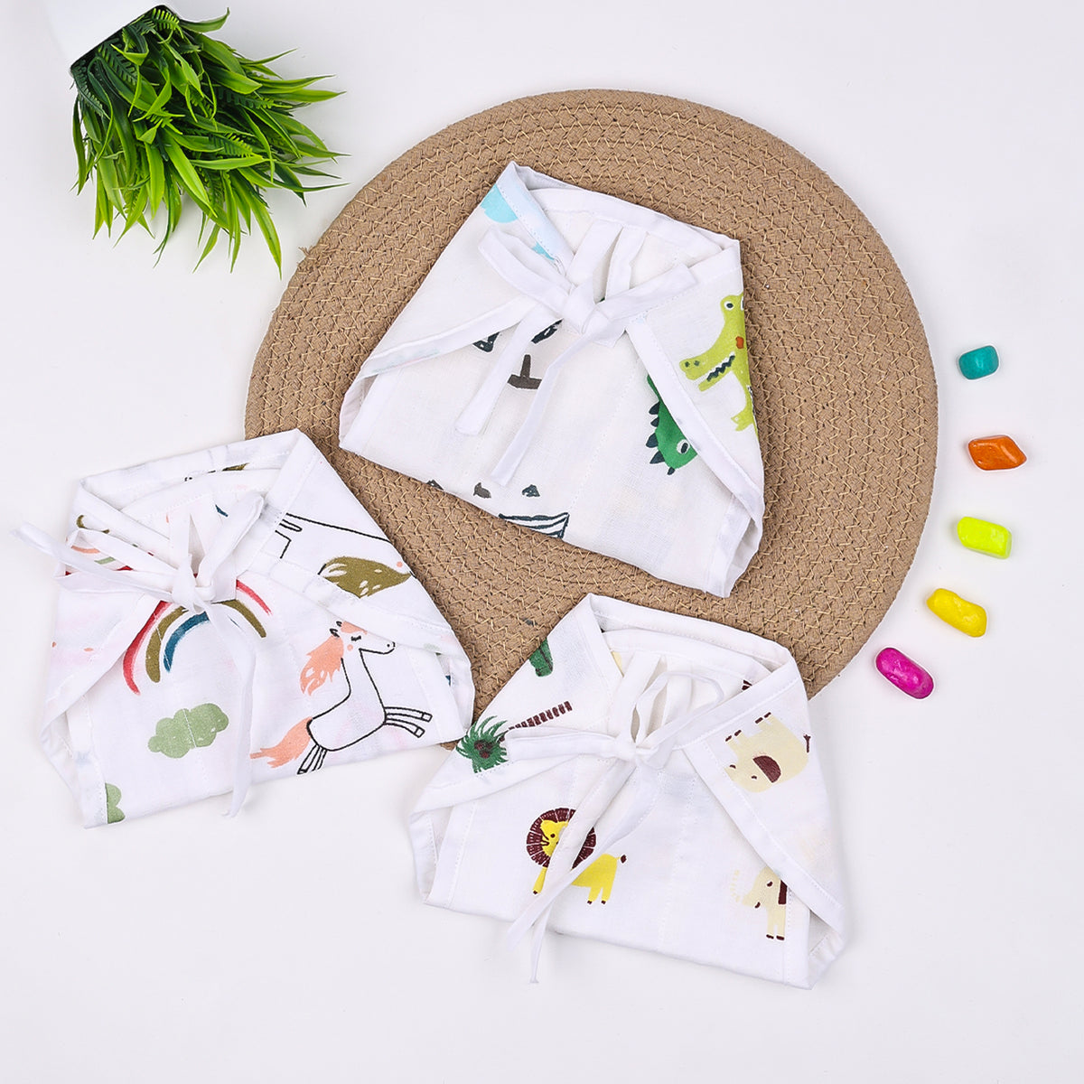 Organic Cotton Printed Muslin Nappies | Unicorn, Dinopark, Lion | Pack of 3