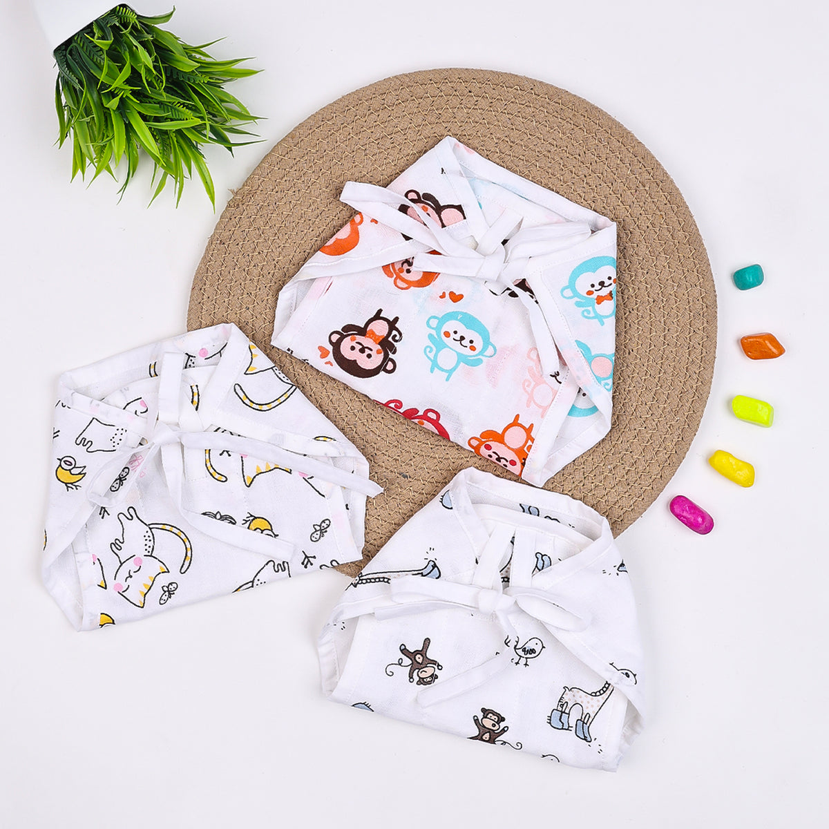 Organic Cotton Printed Muslin Nappies | Jungle, Monkey & Cat | Pack of 3