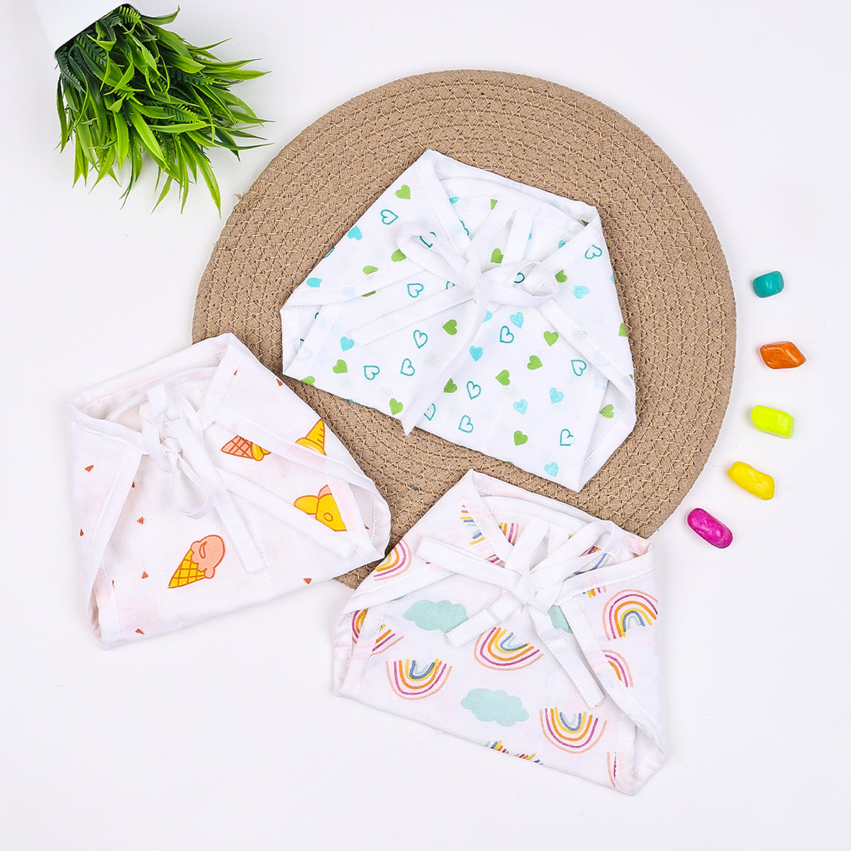 Organic Cotton Printed Muslin Nappies | Green Heart, Ice Cream & Rainbow | Pack of 3