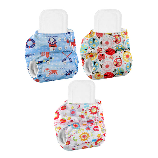 Baby Reusable Cotton Printed Pocket Diapers With Insert | 0-12 Months | Pack of 3