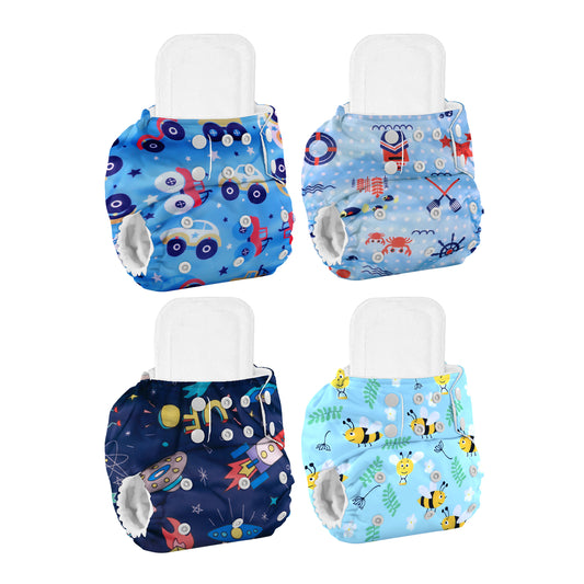 Baby Reusable Cotton Printed Pocket Diapers With Insert | 0-12 Months | Pack of 4