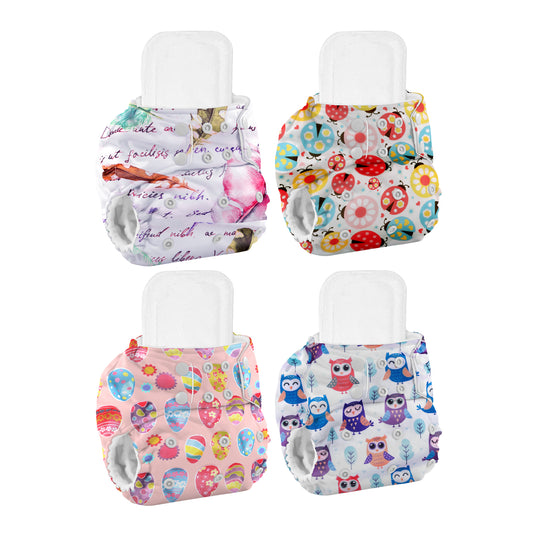 Baby Reusable Cotton Printed Pocket Diapers With Insert | 0-12 Months | Pack of 4