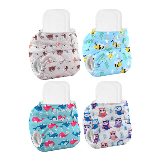 Baby Reusable Cotton Printed Pocket Diapers With Insert | 0-12 Months | Pack of 4