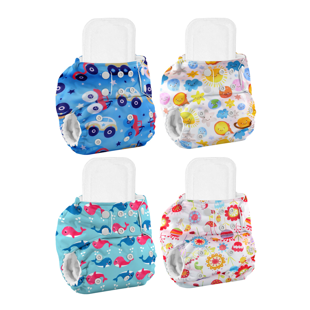 Baby Reusable Cotton Printed Pocket Diapers With 4 Insert | 0-12 Months | Pack of 4