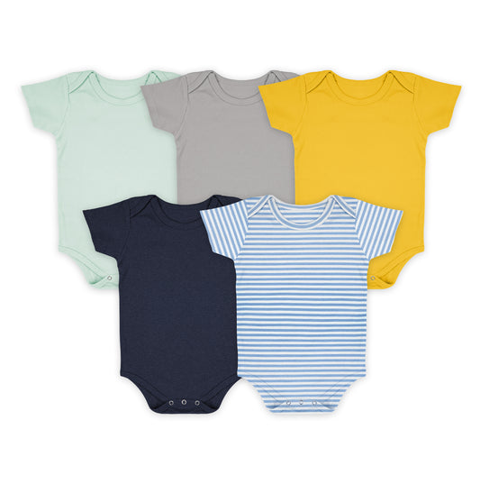 Baby Organic Cotton Onesie | Yellow, Navy, Grey, Blue Strip,  Light Blue  | 6-12 Months | Pack of 5