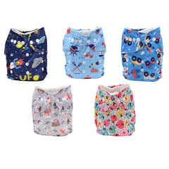 Baby Reusable Cotton Printed Pocket Diapers With 5 Insert pad | 0-12 Months | Pack of 5