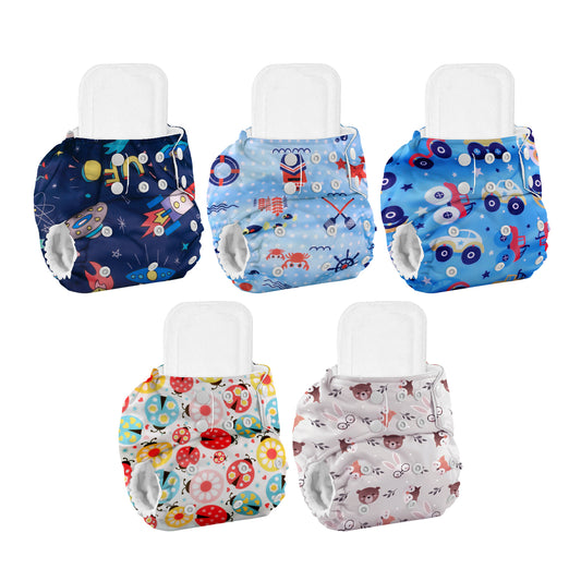 Baby Reusable Cotton Printed Pocket Diapers With 5 Insert pad | 0-12 Months | Pack of 5