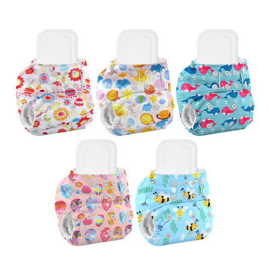 Baby Reusable Cotton Printed Pocket Diapers With 5 Insert | 0-12 Months | Pack of 5