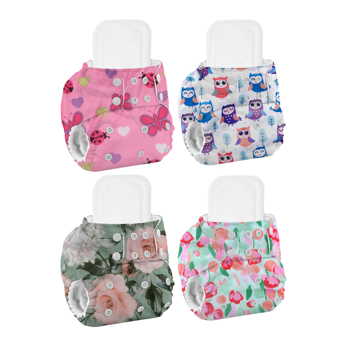 Baby Reusable Cotton Printed Pocket Diapers With Insert | 0-12 Months | Pack of 4