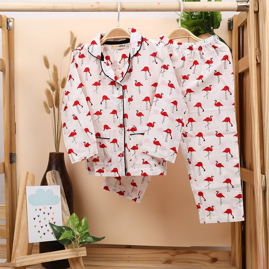 Organic Cotton Unisex Kids Pajama Set Combo | Night Suit | Sleepwear | Red Flamingo