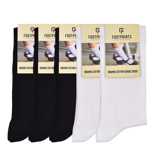 Kids Organic Cotton School Socks - Unisex - Calf length- Pack of 5 (Black and White)- Extra soft and Breathable