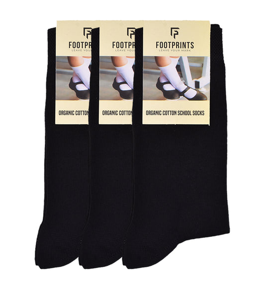 Kids Organic Cotton School Socks - Unisex - Calf length- Pack of 3 (Black)- Extra soft and Breathable