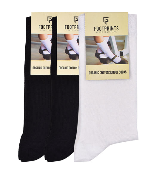 Kids Organic Cotton School Socks - Unisex - Calf length- Pack of 3 (Black and White)- Extra soft and Breathable