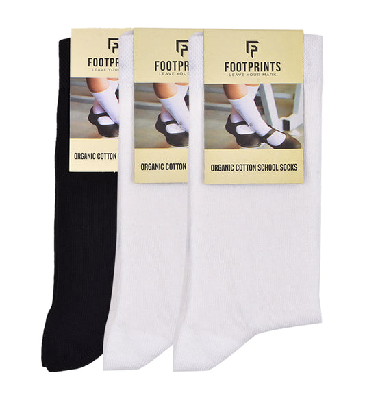 Kids Organic Cotton School Socks - Unisex - Calf length- Pack of 3 (Black and White)- Extra soft and Breathable