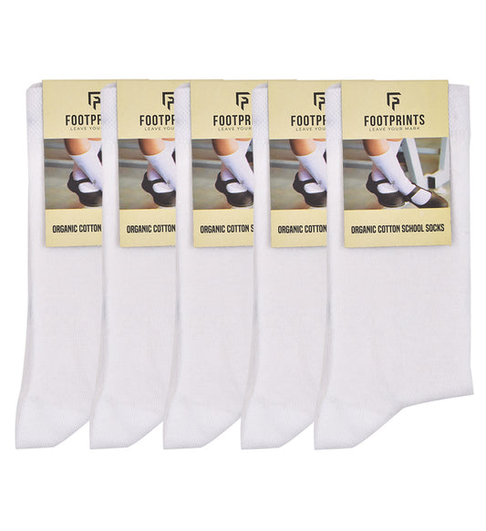 Kids Organic Cotton School Socks - Unisex - Calf length- Pack of 5 (White)- Extra soft and Breathable