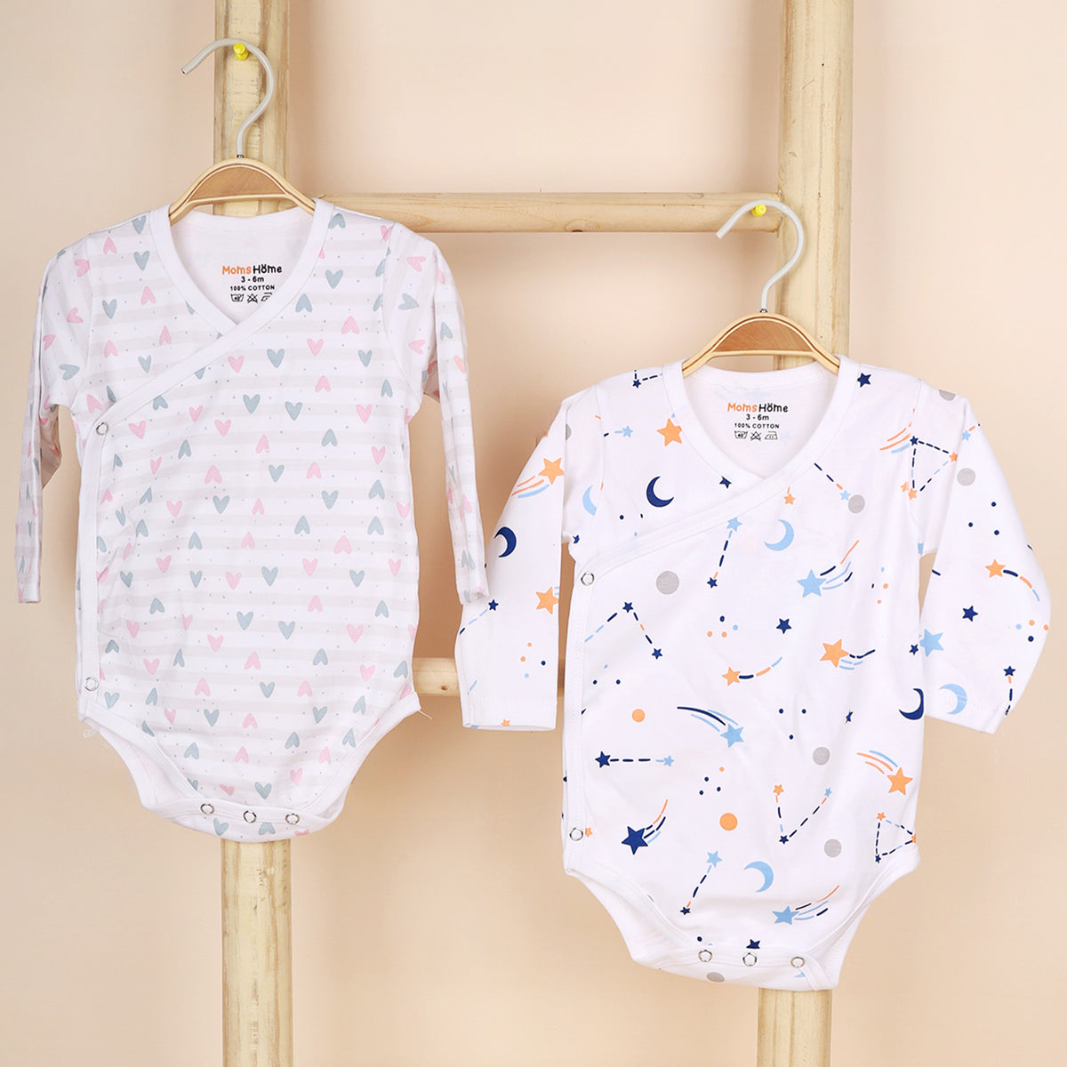 Organic Cotton Baby Front Open Full Sleeve Onesie | Galaxy & Little Hearts  | Pack of 2