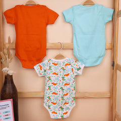 Baby Organic Cotton Onesie | Blue, Orange, Dino | Pack of 3