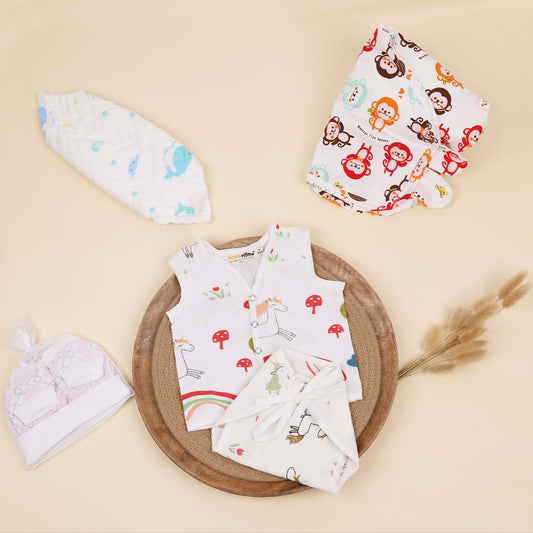 Moms Home New Born Organic Cotton Velcro Swaddle Wrap Gift Set of 7 Items - Unicorn