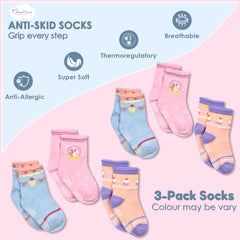 Organic Cotton Anti-Skid Socks for Girls | Non-Slip Grip Socks | Mixed Prints & Designs | Pack of 3