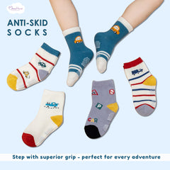 Organic Cotton Anti-Skid Socks for Boys | Non-Slip Grip Socks | Mixed Prints & Designs | Pack of 3