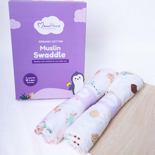 Baby Muslin Swaddle | 100x100 CM | Pack of 2 | Icecream, Animal