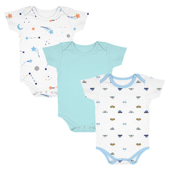 New Born Baby Organic Cotton Half Sleeves Onesie | New Born Baby Clothes | Baby Half Sleeve Cotton Sleepsuits | Car, Blue, Galaxy | Pack of 3