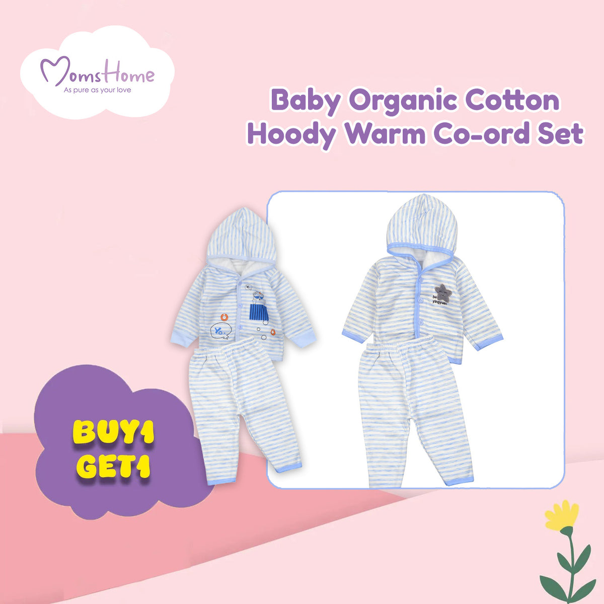 Baby Organic Cotton Hoodie Warm Co-ord Set | Blue | 3-6 Months | Buy 1 Get 1 Free