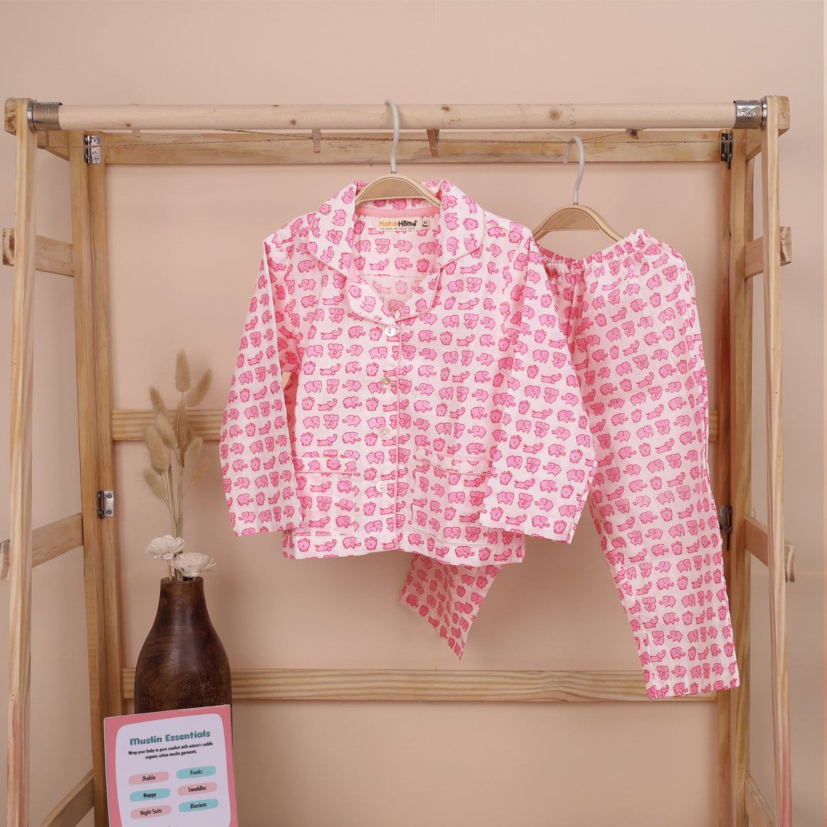 Organic Cotton Kids Pajama Set Combo | Night Suit | Sleepwear | Pink Elephant