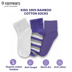 Anti-Odor Bamboo Full Length Terry Socks for Kids | Smell Free & Breathable | Anti-Bacterial| All- Day Comfort | White & Purple | Pack of 3