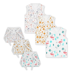 Jhabla and Nappy for New Born Baby | Baby Unisex Organic Cotton Muslin Jabla and Langot Set | Sleeveless Button Vest | Bloom, Blossom, Flamingo | Pack of 3