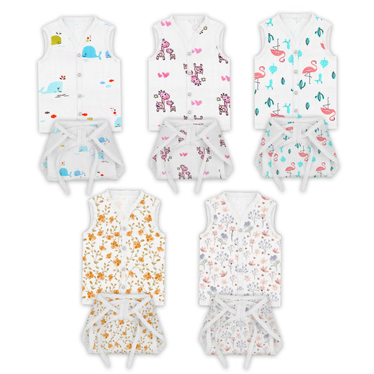 Jhabla and Nappy for New Born Baby | Baby Unisex Organic Cotton Muslin Jabla and Langot Set | Sleeveless Button Vest | Bloom, Blossom, Pink Giraffe, Flamingo, Blue Whale | Pack of 5