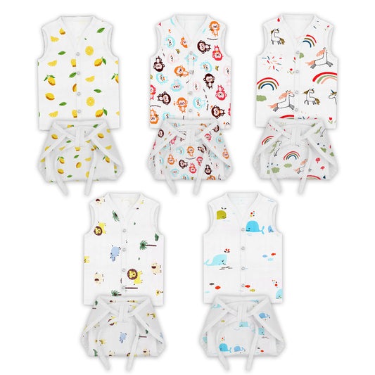 Jhabla and Nappy for New Born Baby | Baby Unisex Organic Cotton Muslin Jabla and Langot Set | Sleeveless Button Vest | Lemon, Monkey, Lion, Unicorn, Blue Whale | Pack of 5