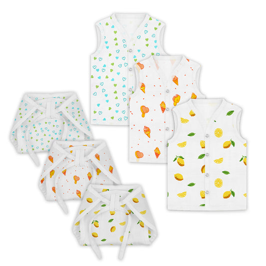 Jhabla and Nappy for New Born Baby | Baby Unisex Organic Cotton Muslin Jabla and Langot Set | Sleeveless Button Vest | Green Heart, Icecream, Lemon | Pack of 3