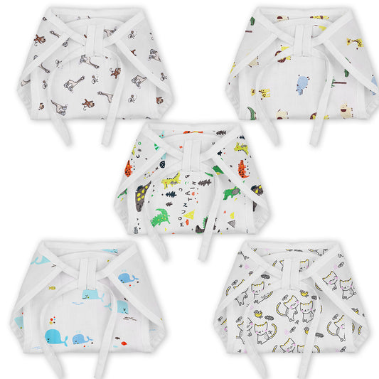 Organic Cotton Printed Muslin Nappies | Jungle, Lion, Dinopark, Blue Whale & Cat | Pack of 5