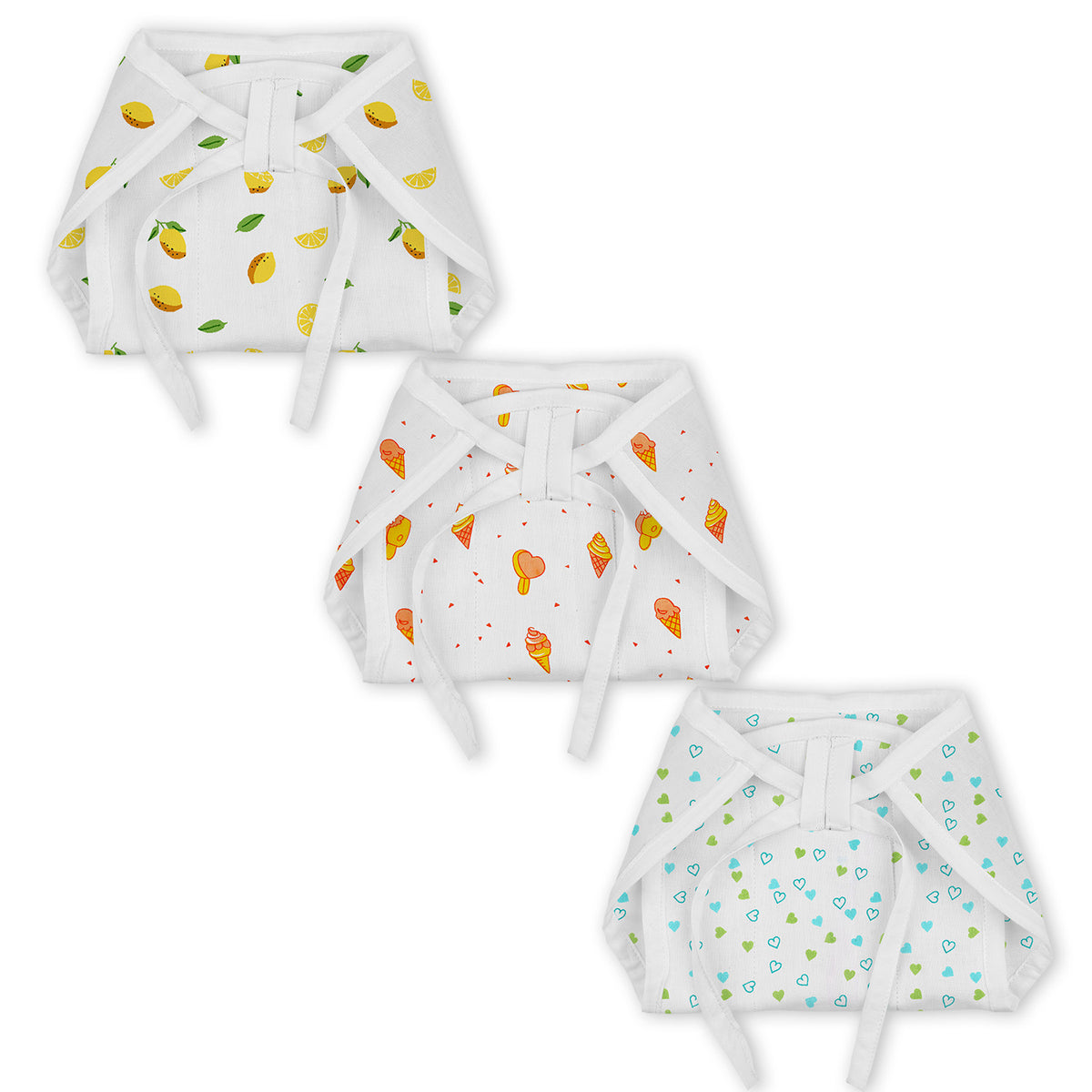 Organic Cotton Printed Muslin Nappies | Lemon, Ice Cream & Green Heart | Pack of 3