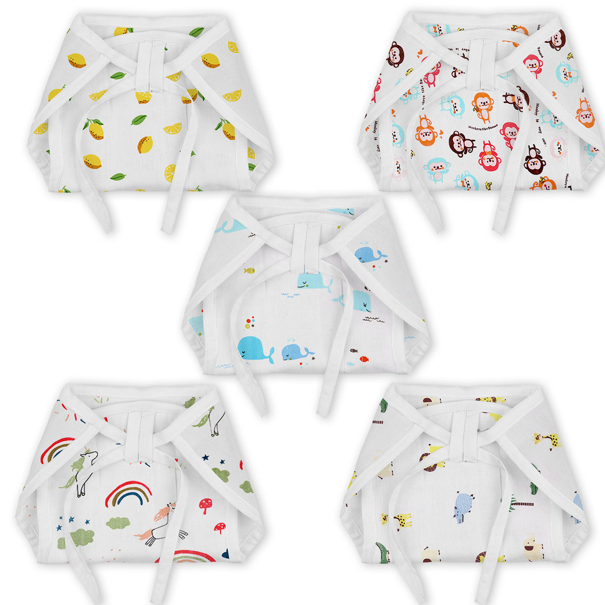 Organic Cotton Printed Muslin Nappies | Lemon, Monkey, Blue Whale, Rainbow & Lion | Pack of 5