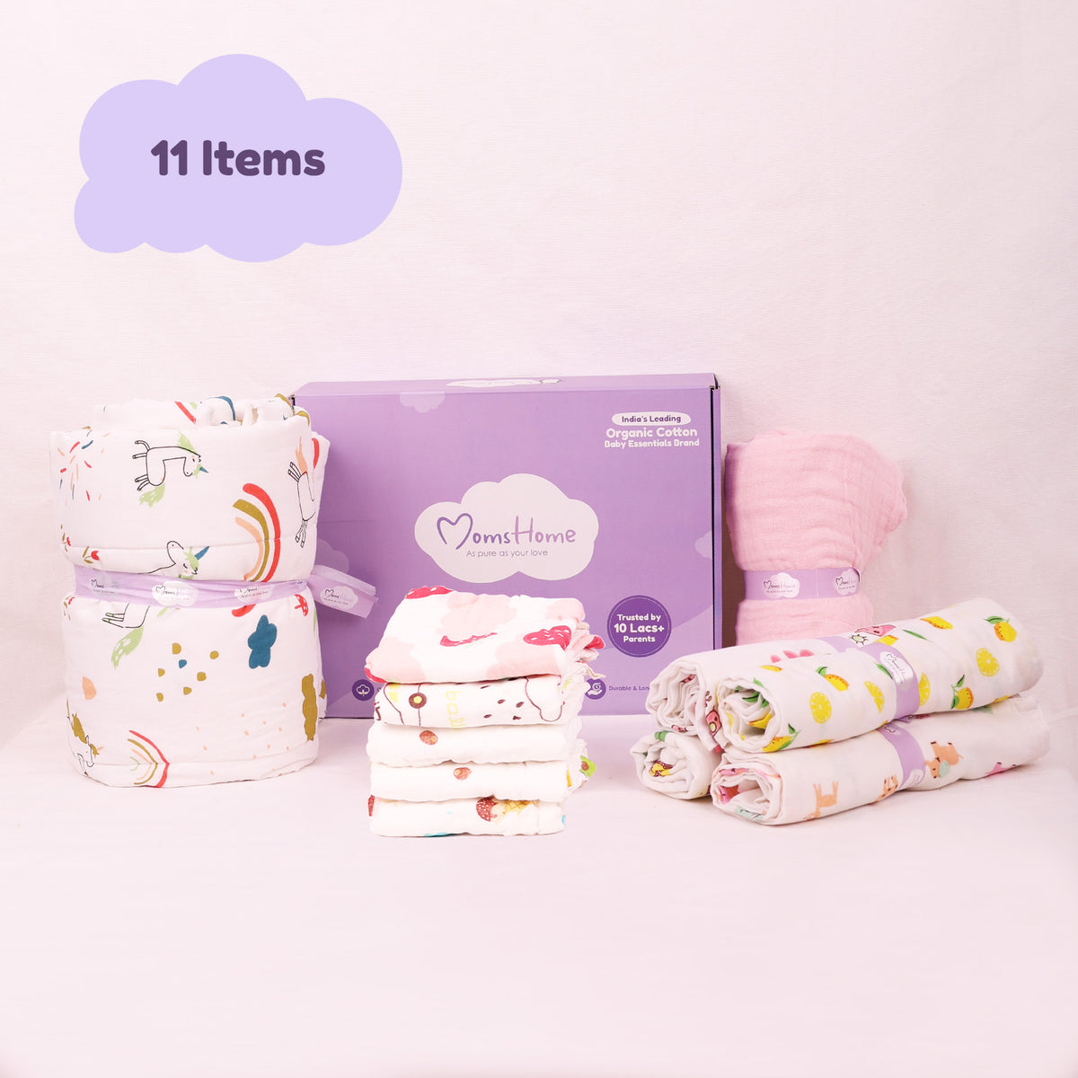 Baby Muslin Essentials Gift Set of 11 Items- Mix Designs