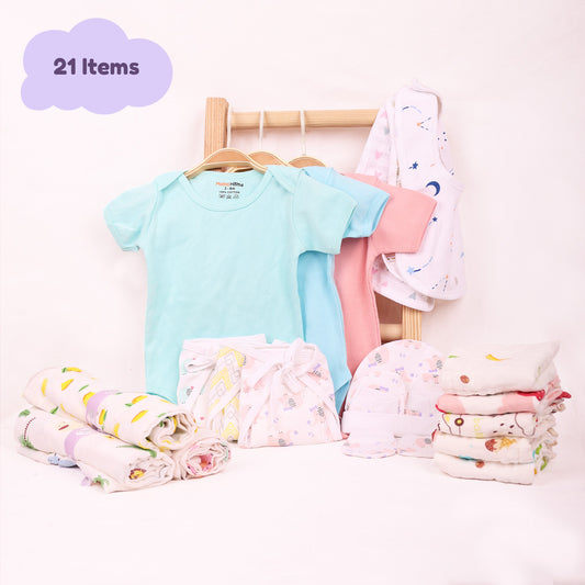 Moms Home Infant Kids Multi-Coloured  Printed Organic Cotton 21-Piece Baby Apparel Gift Set