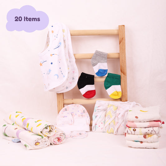 Moms Home Infant Kids Multi-Coloured  Printed Organic Cotton 20-Piece Baby Apparel Gift Set